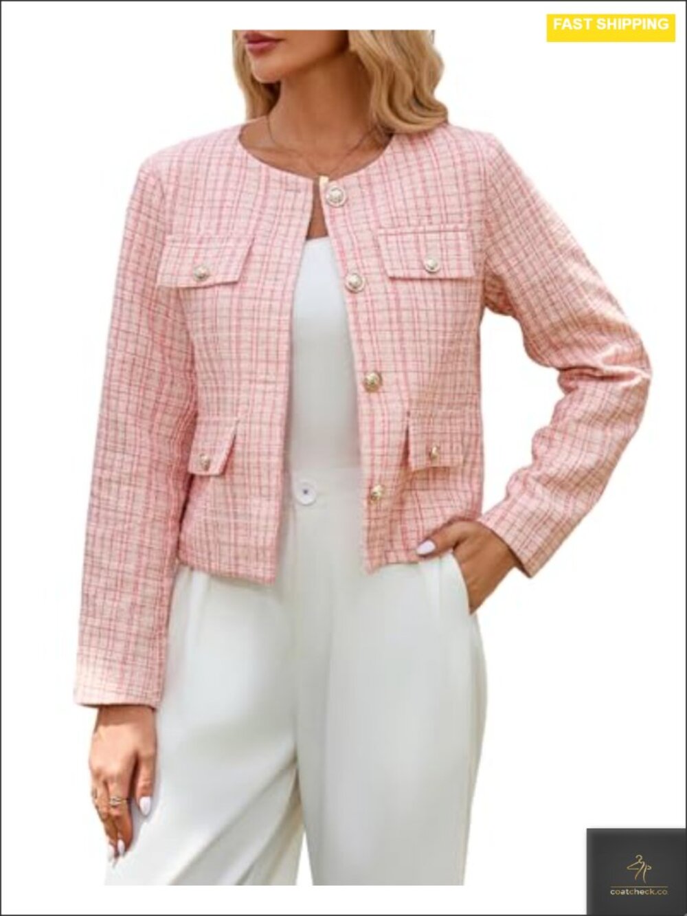 Women's Cropped Tweed Blazer Jacket Collarless Slim Fit